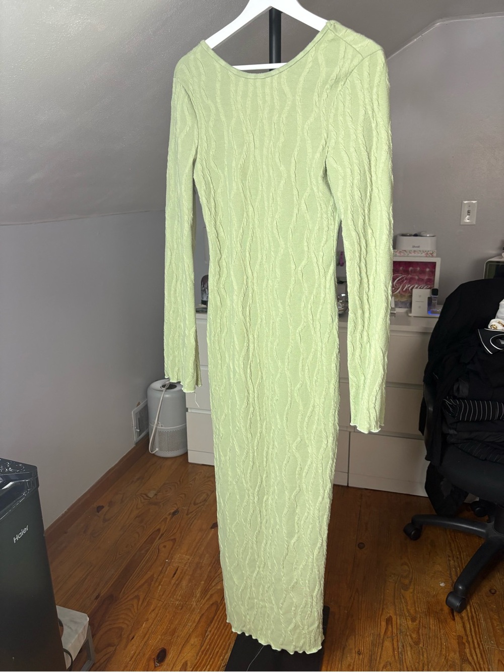 SHEIN Light Green Textured Long Sleeve Maxi Dress